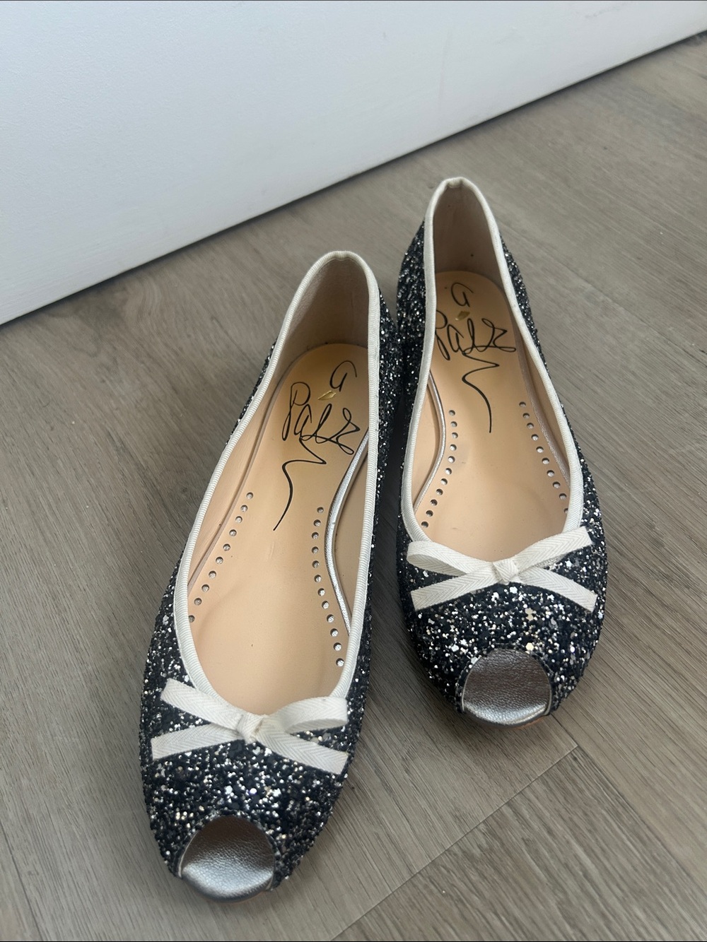 Japanese Glitter Peep-Toe Ballet Flats with Ivory Trim - Black